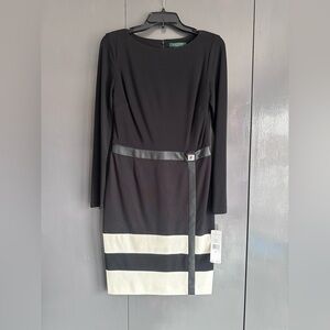 NWT Lauren Ralph Lauren HOLIDAY dress, black cream trim and leather detail. SZ 6
